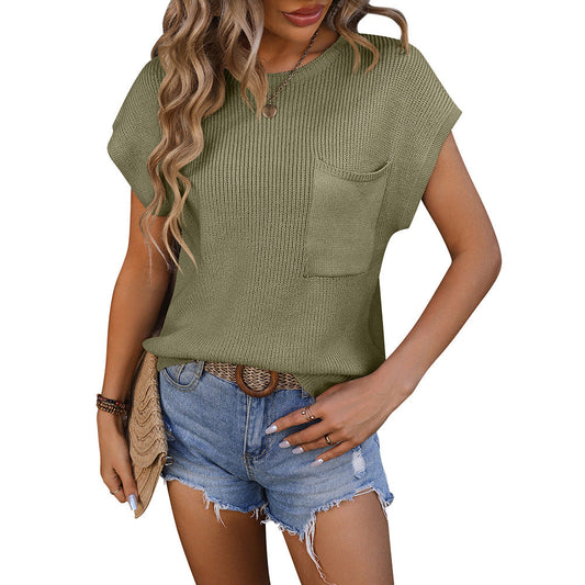 Women Clothing Women round Neck Pocket Decorative Top Sweater with Short Sleeves