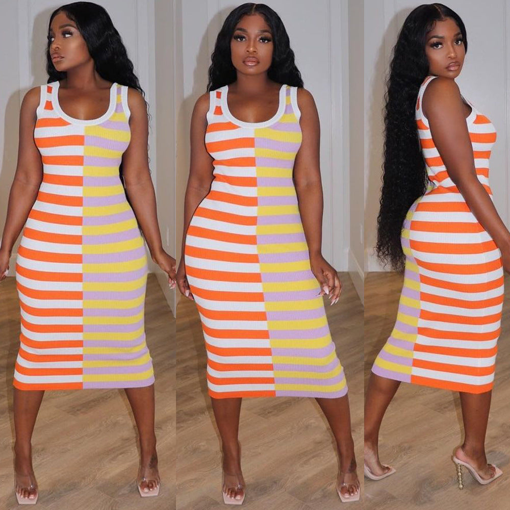 Summer Women Clothing Striped Printed round Neck Sleeveless Sexy Dress
