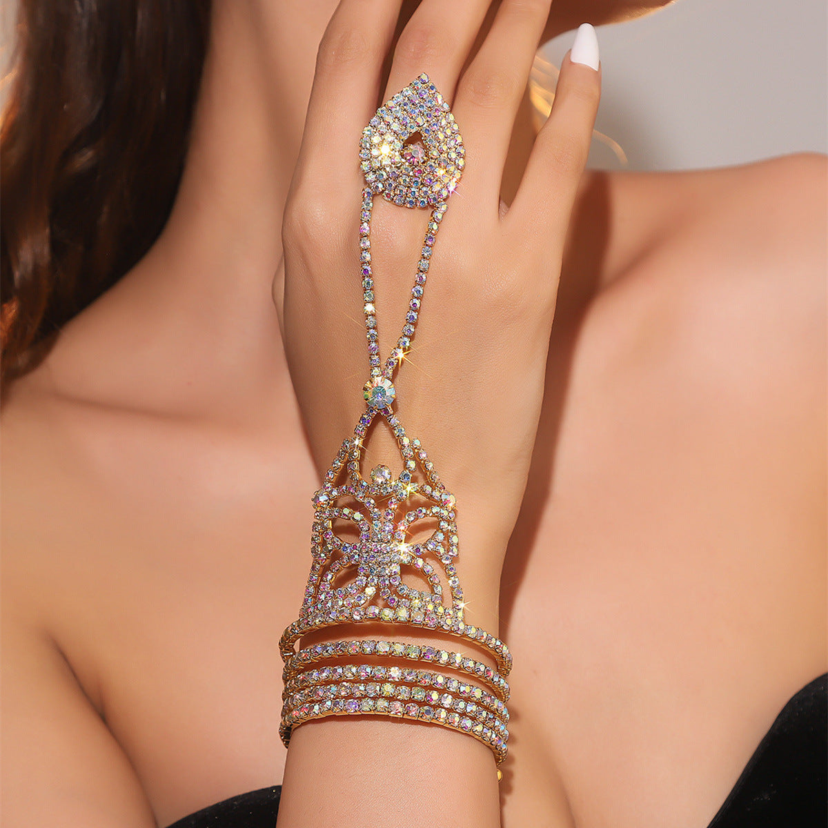 Multi Layer Rhinestone Stretch Finger Bracelet