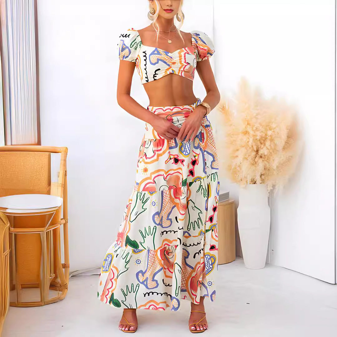 Summer Printed Top Wrapped Chest Skirt Two Piece Suit Amplified craft