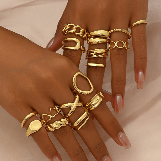 16-Piece Geometric Heart Open Ring Set