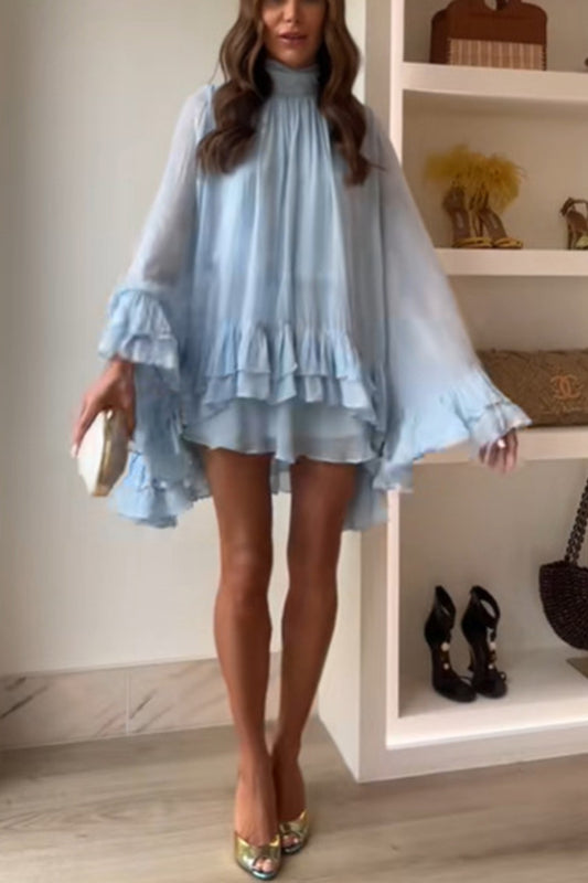 Solid Color Chiffon Trumpet Sleeve Loose Mini Dress