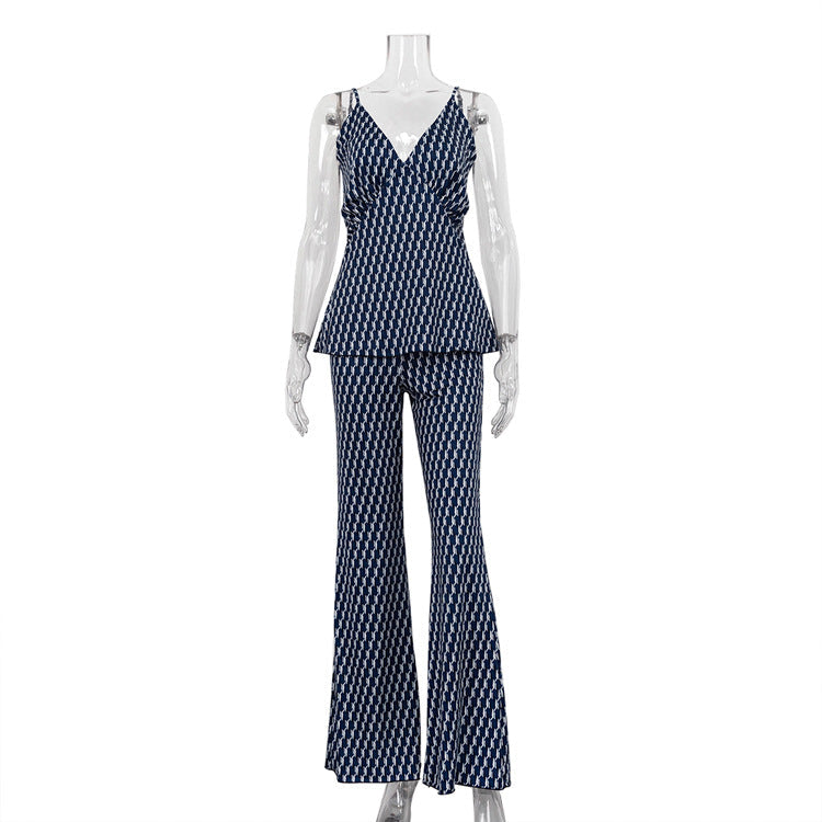 Summer Sleeveless V Neck Strap Wide Leg Trousers Sexy Sexy Two Piece Set Women Printed Wear