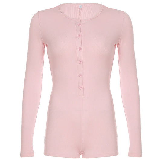 Solid Color Jumpsuit Autumn Slimming Breasted Bottoming Sexy Long Sleeve Romper
