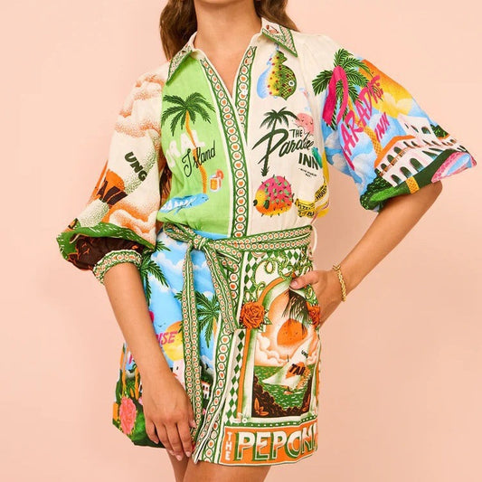 Women Clothing Casual Printing Shirt Cardigan 3/4 Sleeve Office Dress