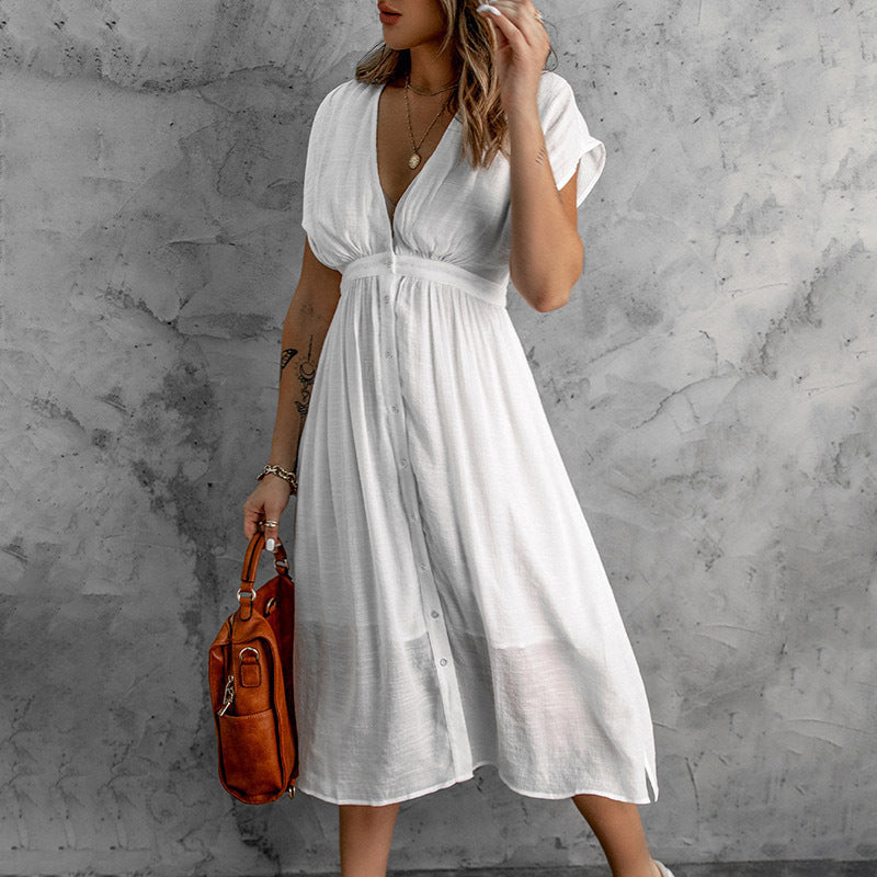 Summer Double Layer Tulle Solid Color Dress Women Deep V Plunge Short Sleeve Waist Controlled Maxi Dress
