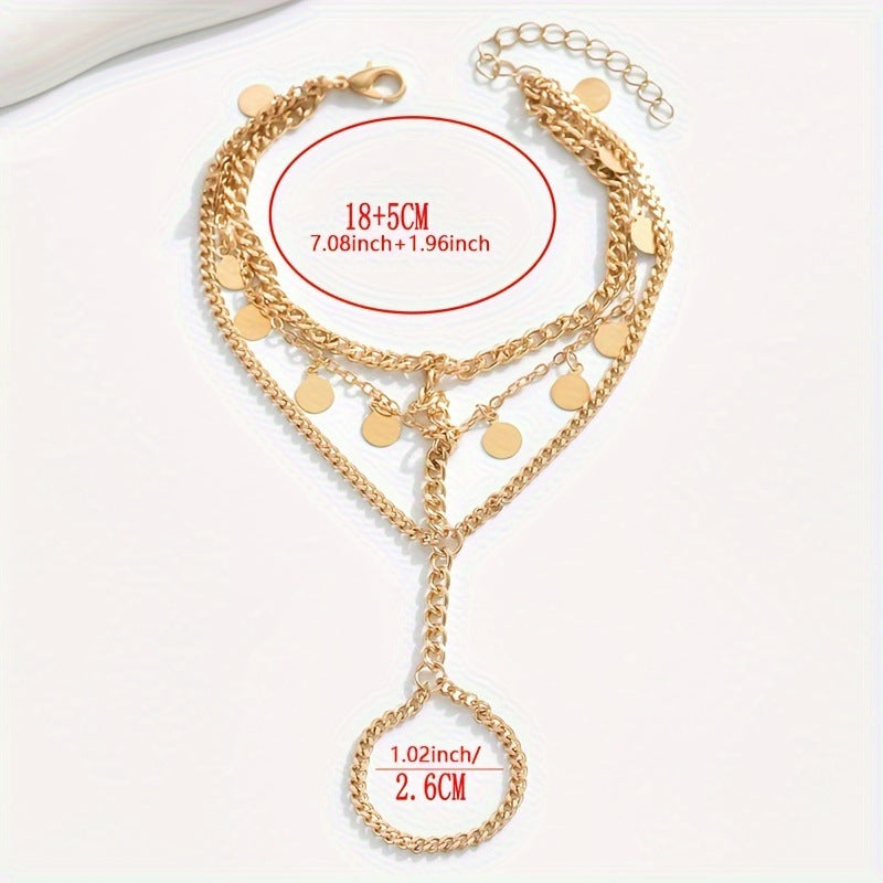 Layered Metal Disc and Chain Finger Bracelet