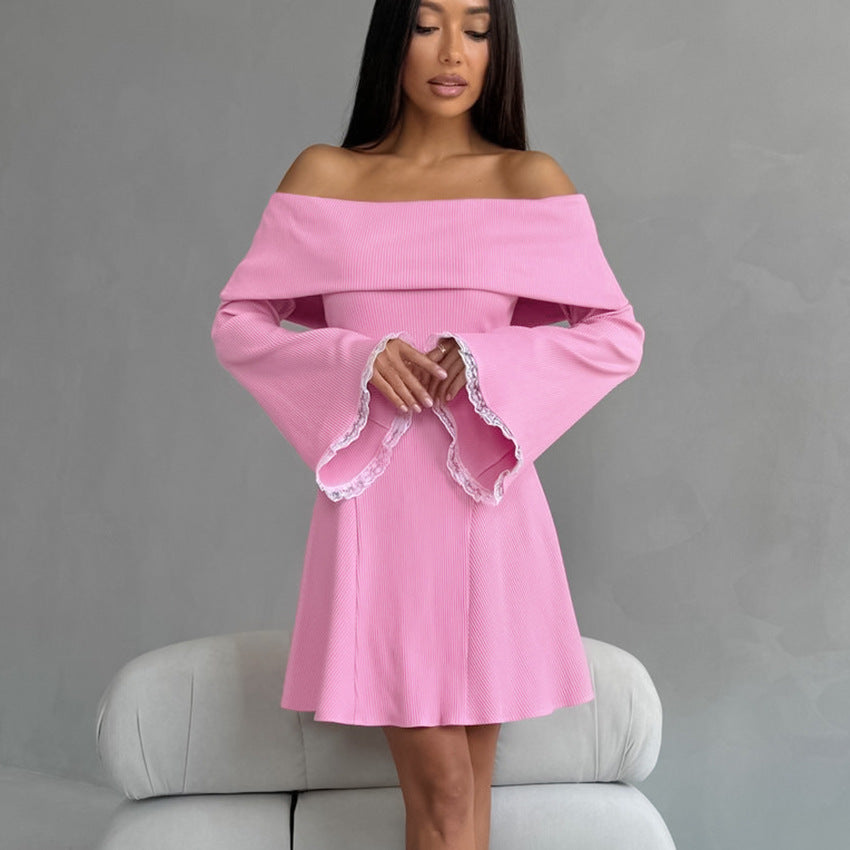Autumn Winter Gentle Pink off Shoulder Sexy Flare Sleeve Knitted Lace Slim Fit Dress French Short for Women