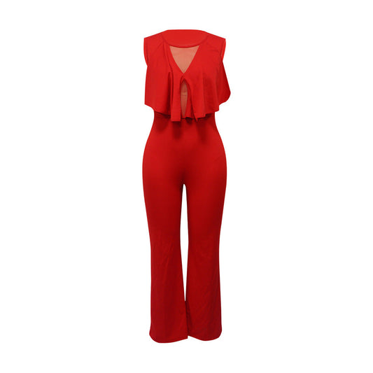 Women Wear Ruffled Sleeveless Straight Jumpsuit