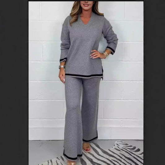 New Autumn Winter Casual Solid Color Knitted Long Sleeve Trousers Sets