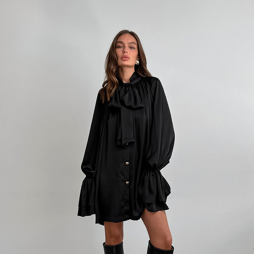 Autumn Winter Casual Elegant Thick Matte Satin Loose Tie Neck Flare Sleeve Tie Neck Women Clothing Dress White