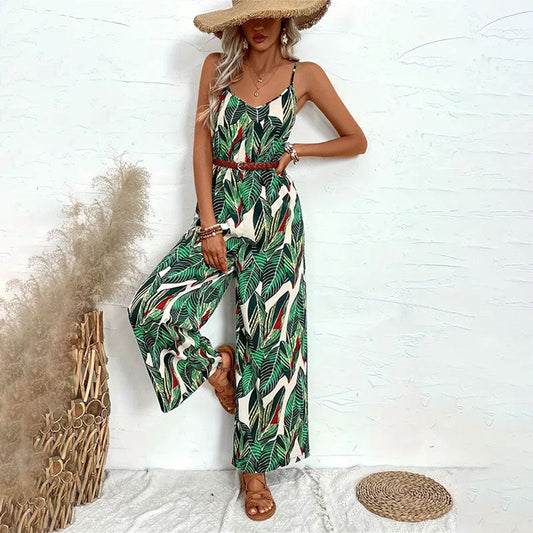 Women Clothing Printed Suspender Wide Leg Pants Draping Effect Trousers Suspender No Belt Jumpsuit Women
