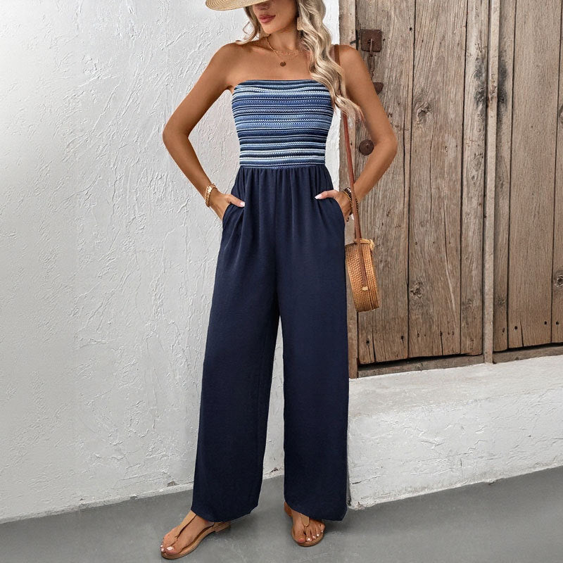 Summer Casual Simple Jumpsuit Elastic Patchwork Stripes Jumpsuit