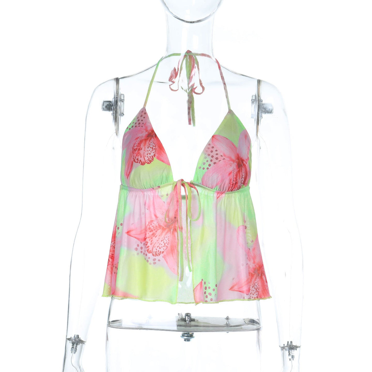Summer Seaside Vacation Printing Color Contrast Lace up Halterneck Hollow Out Cutout Camisole Women