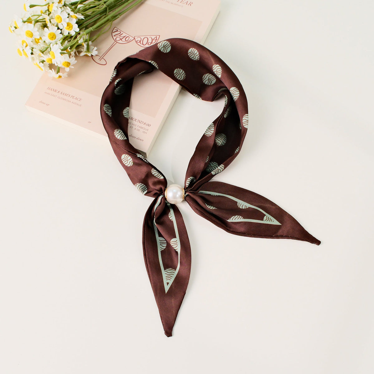 Pearl Magnetic Buckle Polka Dot Neck Ribbon Scarf