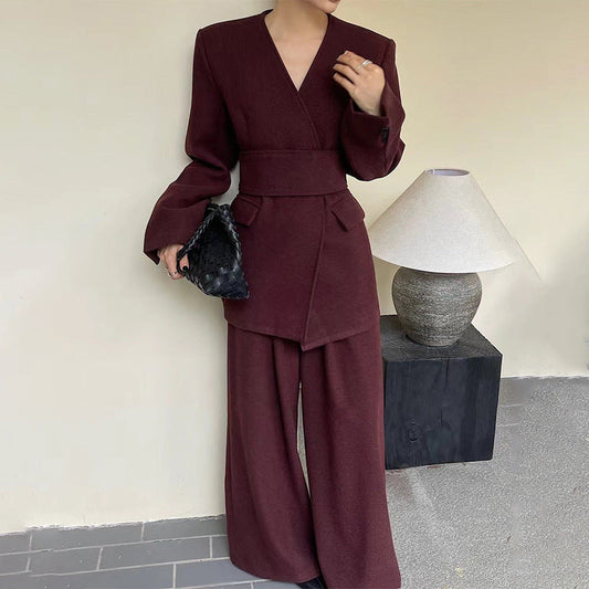 Women Autumn Elegant Casual Waist Tight Top Loose Wide Leg Pants Two Piece Sets
