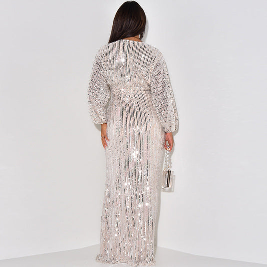 Women Dress Dress Sequined Long Sleeve V Neck Sexy Sequin Maxi Dress