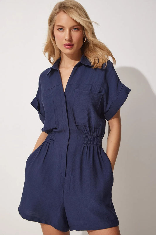 Women Short Sleeve Waist Controlled Loose Slimming Cotton Linen Casual Wide Leg Shorts