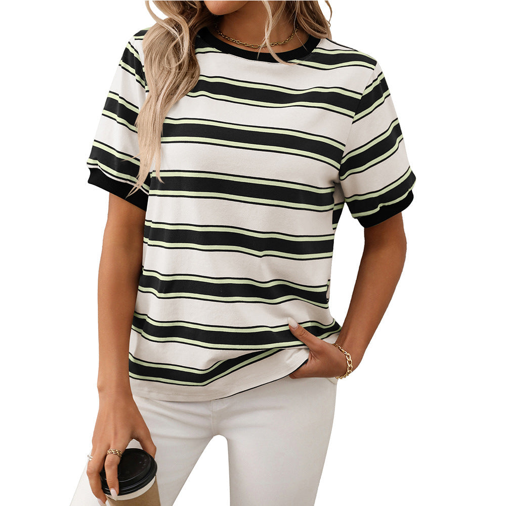 Summer round Neck Loose Top Striped Contrast Color Short Sleeve T shirt