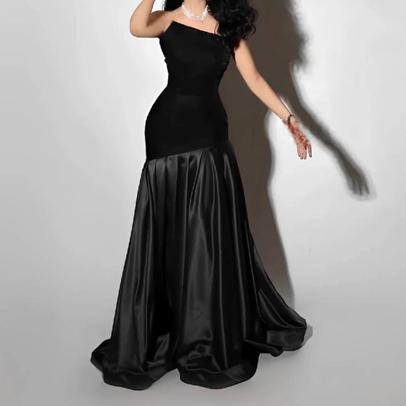 Elegant Socialite Tube Top Dress Maxi Dress Early Spring Irregular Asymmetric Stitching Design Maxi Dress Women