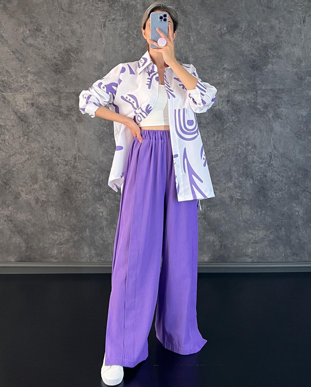 Women Clothing Casual Long Sleeve Printed Shirt High Waist Slit Wide Leg Pants Set Amplified craft