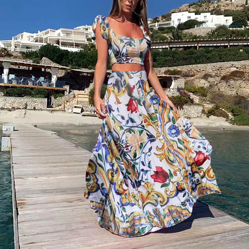 Summer Women Clothing Bohemian Sexy Print Sleeveless Dress Two Piece Set