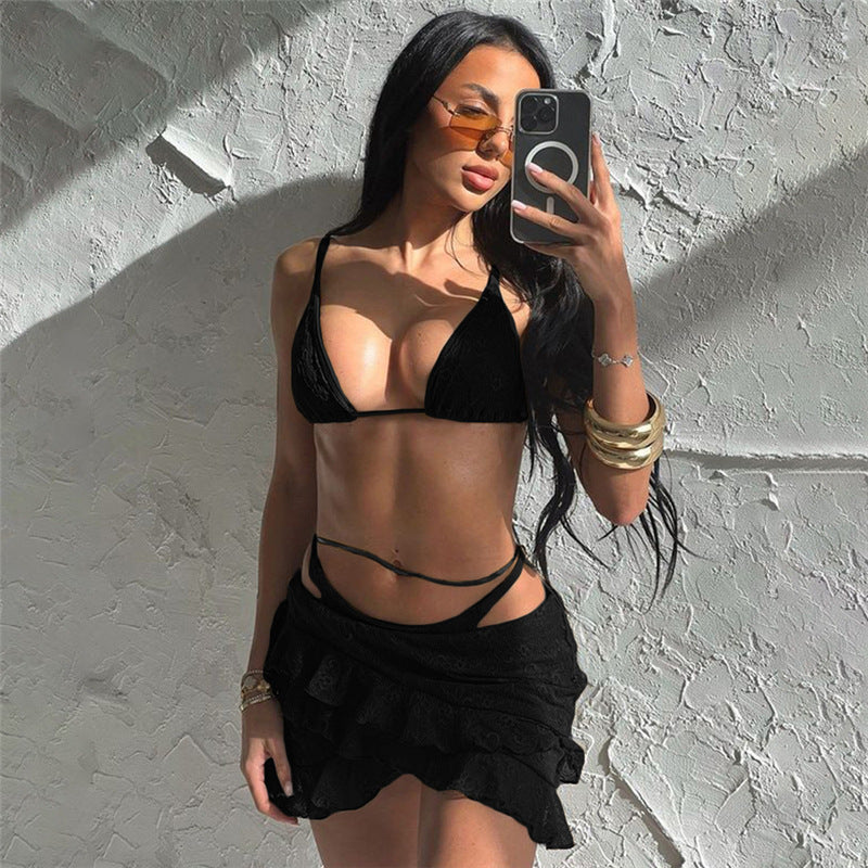 Summer Women Clothing Sexy Sling Lace Sexy Panties Hip Skirt Three Piece Sets