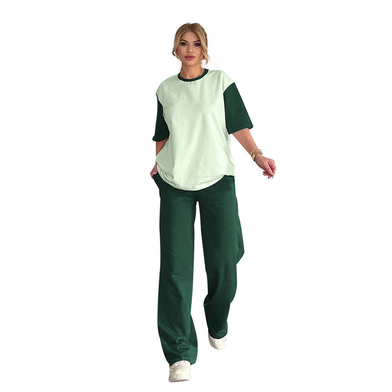 Summer Contrast Color round Neck Short Sleeved T shirt Women Casual Wide Leg Pants Two Piece Sets