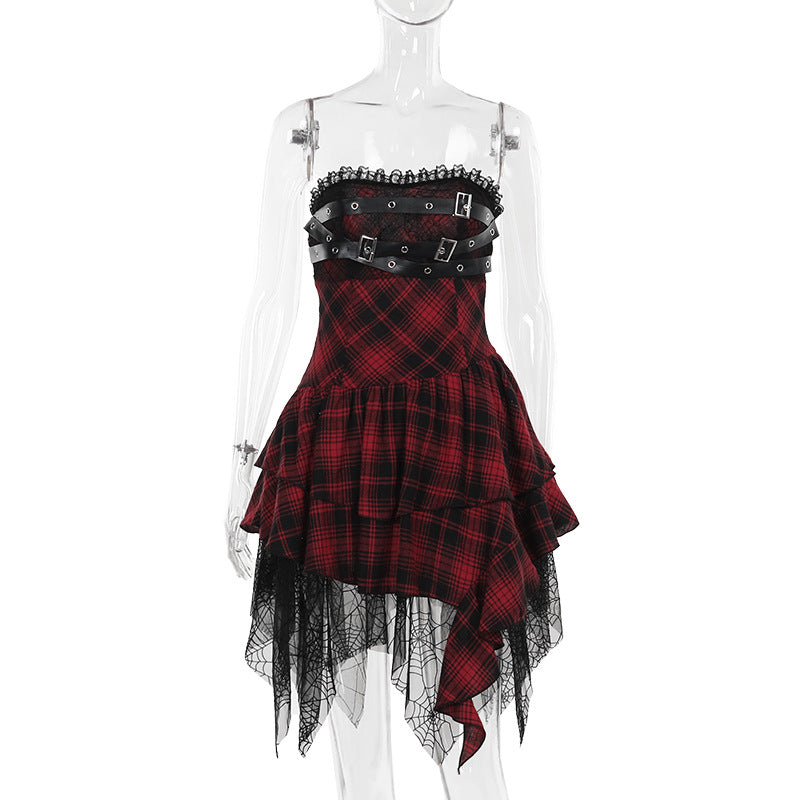 Summer Type Hip Socialite Elegant Sexy Red Plaid Tube Top Dress Women