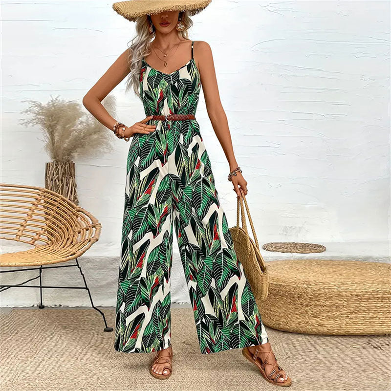 Women Clothing Printed Suspender Wide Leg Pants Draping Effect Trousers Suspender No Belt Jumpsuit Women