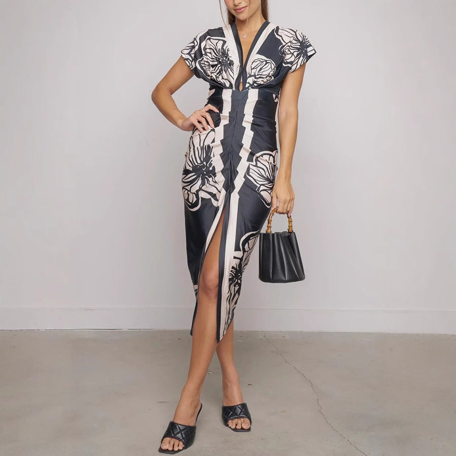 Summer Women Clothing Floral Print Slit Sexy Low Cut V neck Hip Dress