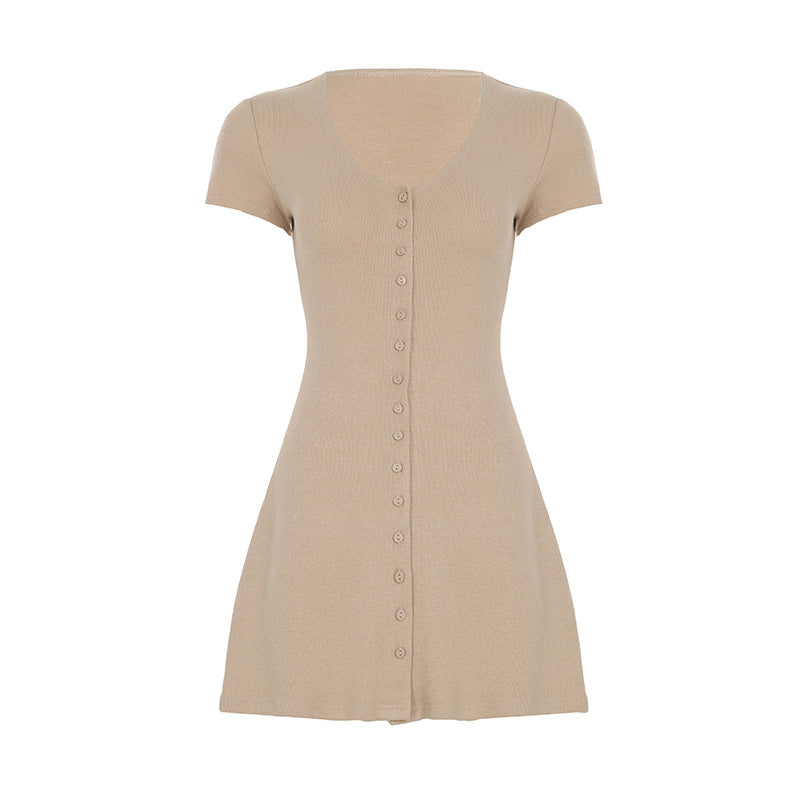 Summer Solid Color Basic Street Breasted Cinched Short Dress A line Dress Sexy Casual Knitted Short Sleeve Dress