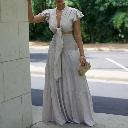 Women Short Sleeve Tied Top Wide Leg Pants Two Piece Set