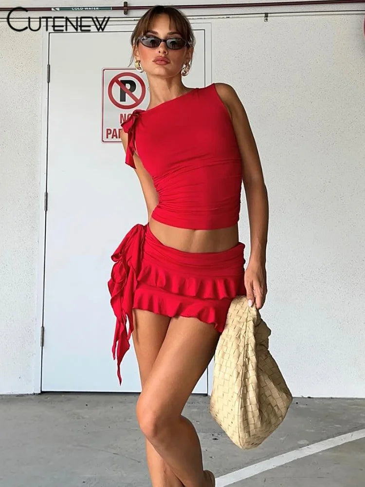 Women’s Halter Lace-up Two Pieces Sets Spaghetti Strap Camisole Hip Slim Mini Skirt New Streetwear Female Dress Suit Hot
