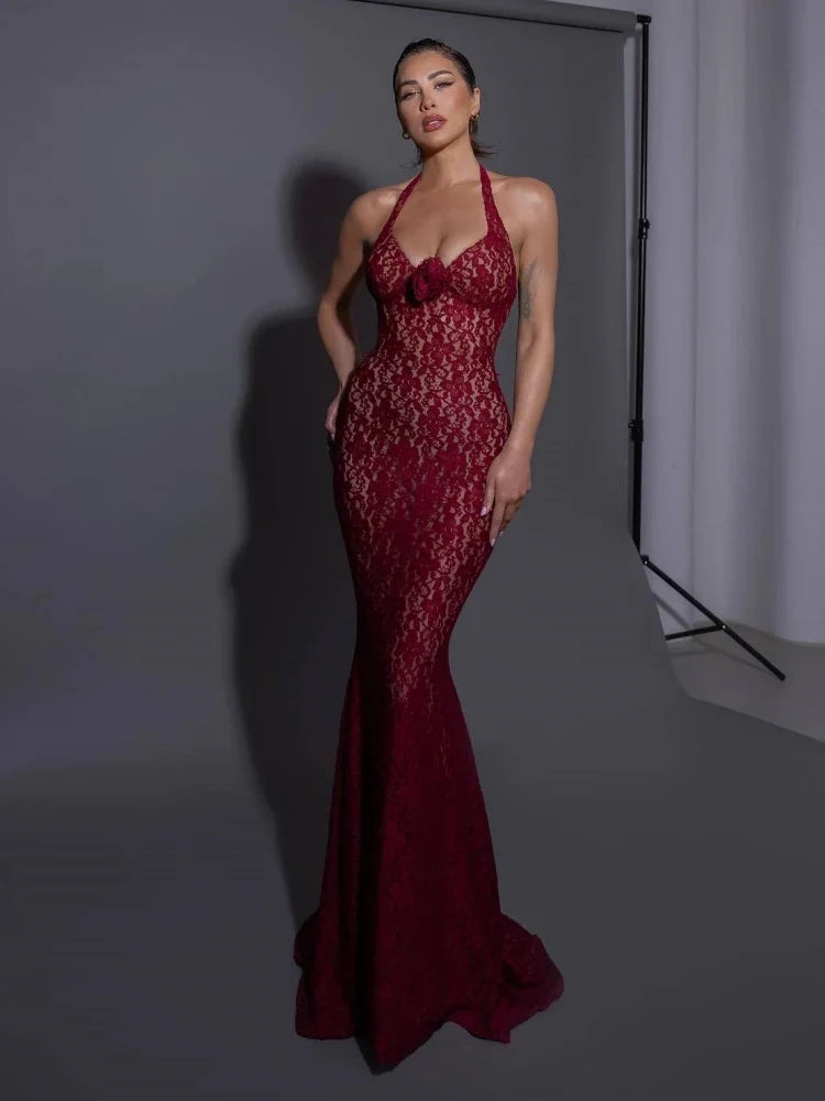 Flower Mermaid Burgundy Maxi Lace Dress