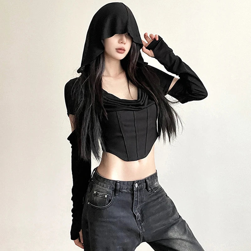 y2k Crop Top Women Punk Gothic Clothes Solid Color Long Sleeve Hooded T Shirt with Thumbhole Wasteland Tee Streetwear