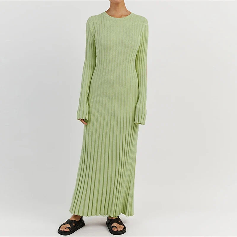 Ribbed Knit Crew Neck Maxi Dress