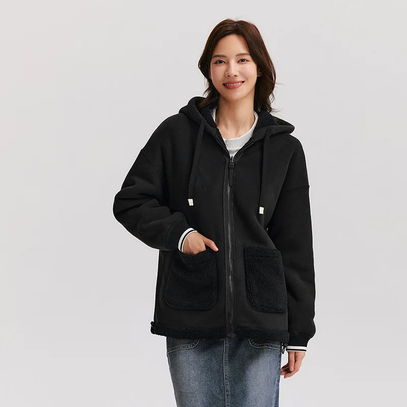 Coat Women Imitation Lamb Wool Polar Fleece Double-Sided Wear Loose New Winter Contrast Color Simple Hooded Jacket