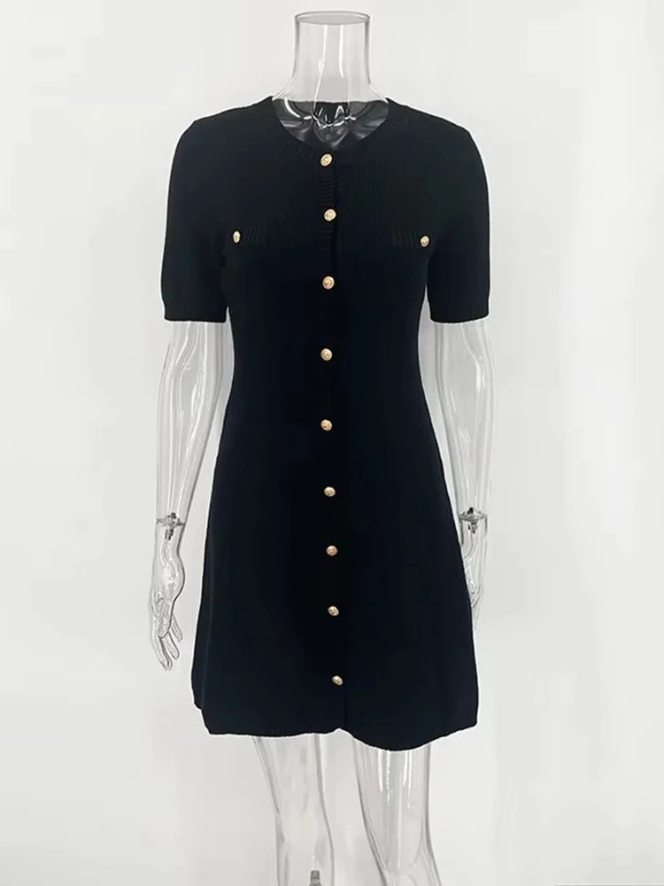 White Elegant Knitted Mini Dress For Women Metal Button Sexy Slim Rib Sweater Dress Holiday Party Outfits Autumn New