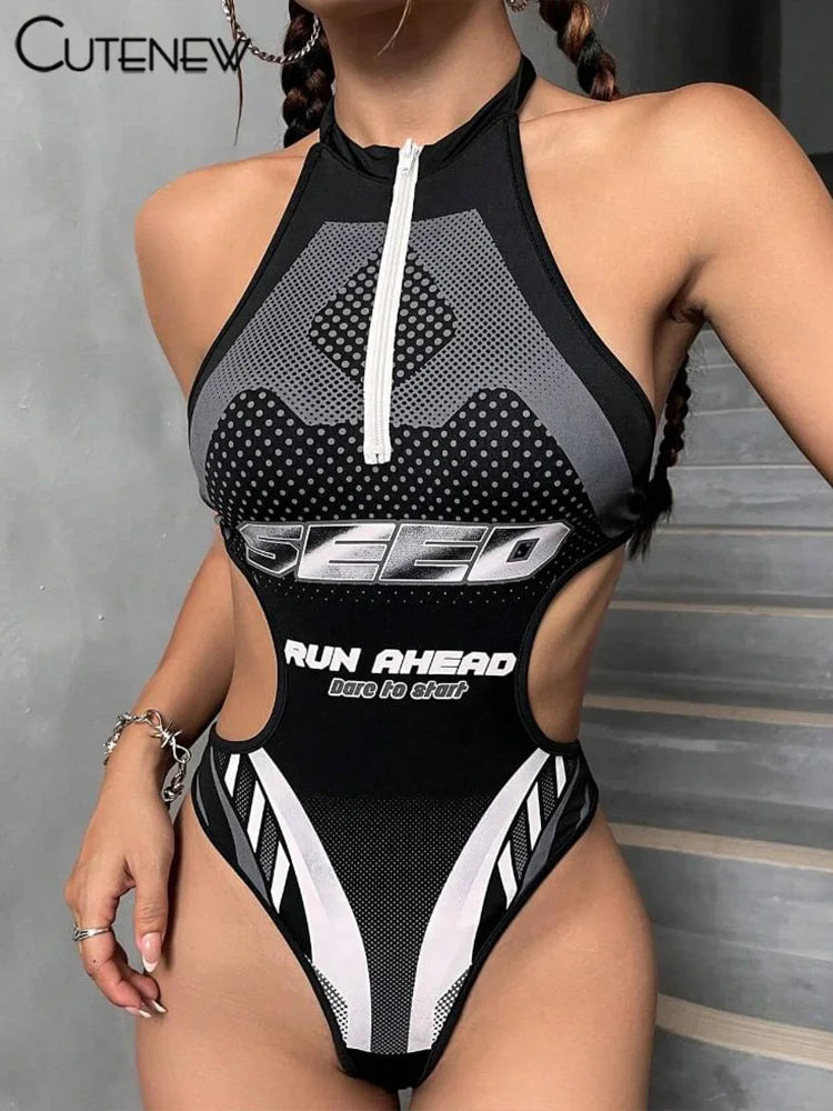 Printed Stunning Bodysuits Women Hipster Halter With Zipper Backless Bandage Sexy Playsuit Female Summer Swim Trend Wear