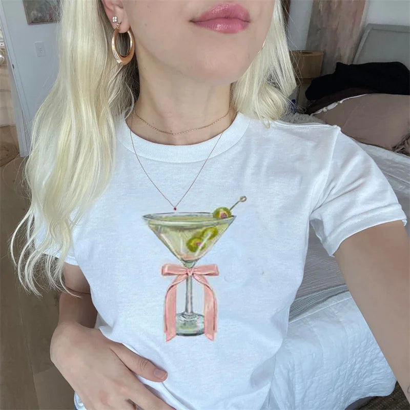 y2k Baby Tee Women Aesthetic Clothes Fruit/Wine Cup Print Round Neck Short Sleeve Crop Top Graphic T Shirt Streetwear