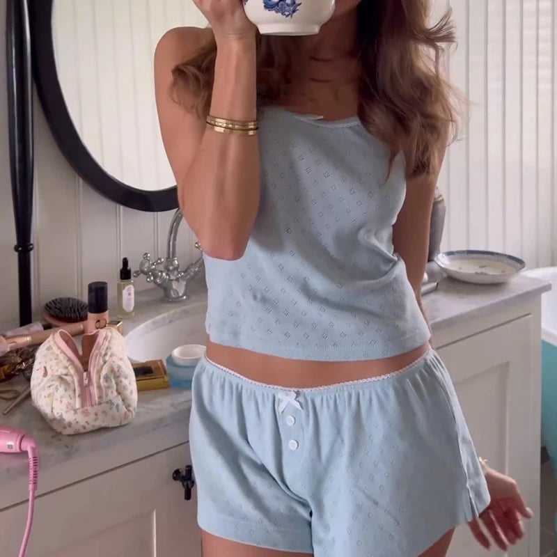 Fairycore Comfy 2 Piece Pajama Set 00s Retro Kawaii Bow Sleeveless Camis Crop Tops + Shorts Y2K Women Sleepwear Loungewear