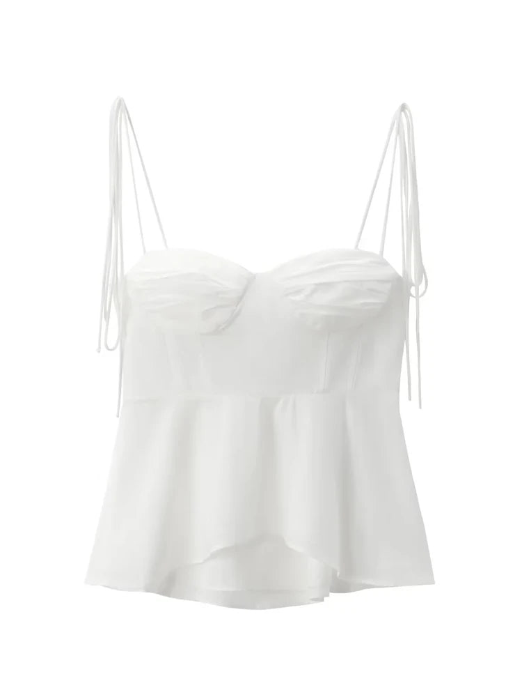 White Smocked Strappy Camisole Women’s Sexy Sleeveless Ruffle Slim Bra Solid Color Streetwear Y2k Women’s Tops Camisole