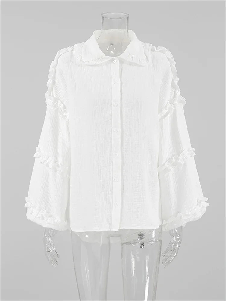 Ruffled White Loose Shirts For Women Long Sleeve Elegant Fashion Autumn Solid Casual Outwear Female Shirts Coat Summer New