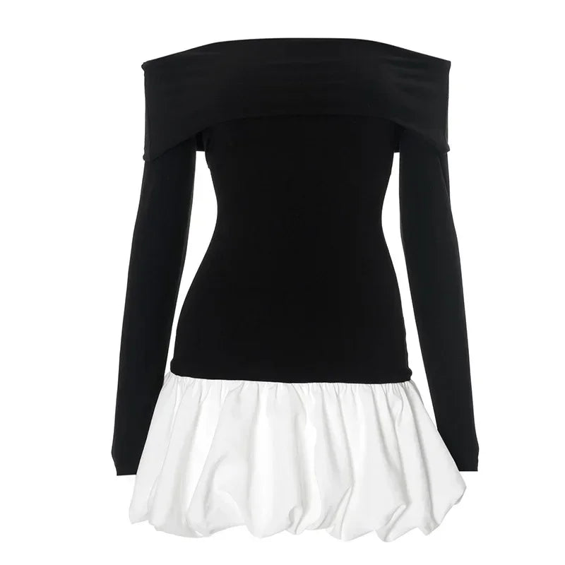 Elegant Folds Mini Dress Female One-Shoulder Contrast Color Patchwork Long Sleeves Dress Sexy Slim Party Club Dresses