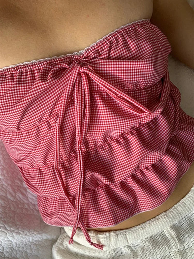 Ruched Plaid Print Slim Strapless