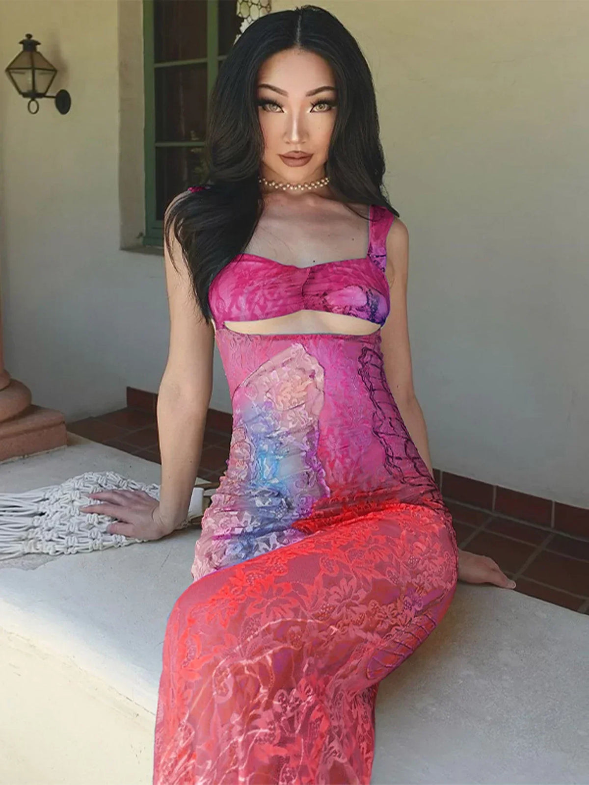 Sweetheart Neck Bust Cutout Butterfly Graphic Print Bodycon Maxi Dress