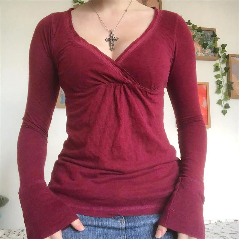 y2k Tops for Women Grunge Fairy Clothes Solid Color V Neck Long Sleeve T Shirt 2000s Coquette Clothing Streetwear