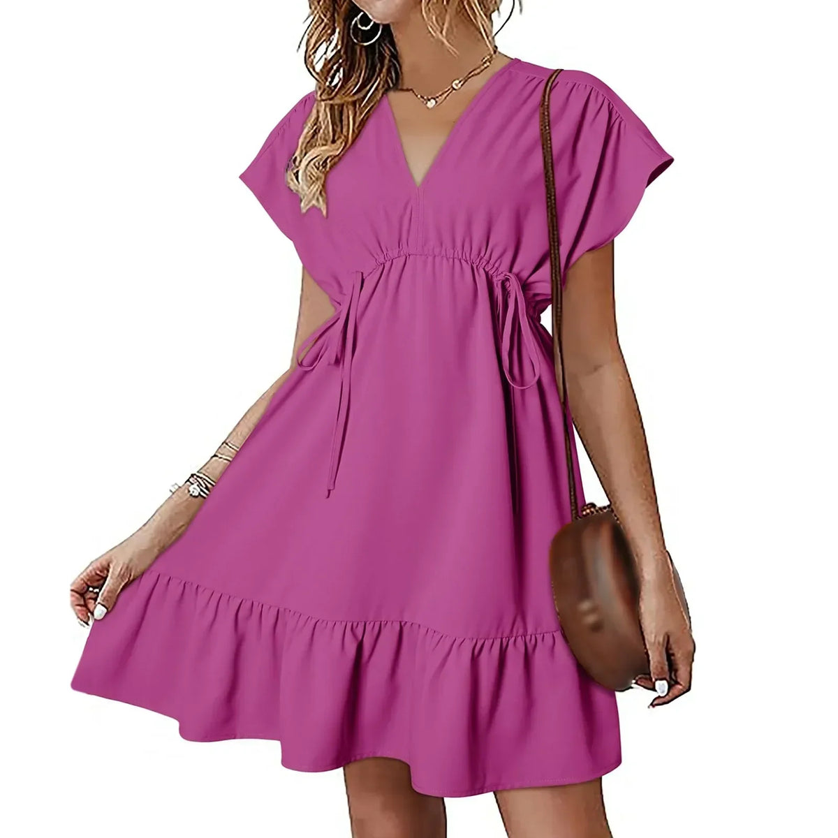 V-Neck Flutter Sleeve Drawstring Ruffle Hem Mini Dress
