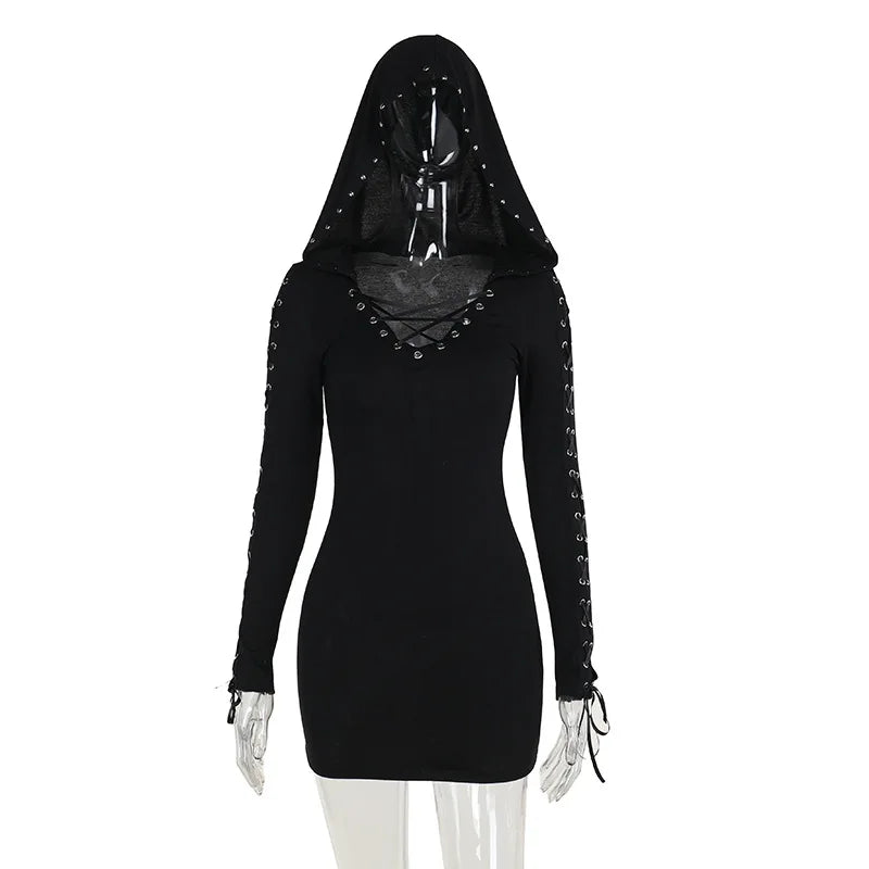 Hooded Lace-Up Front Grommet Detail Long Sleeve Bodycon Mini Dress